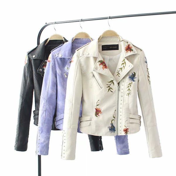 

women's leather & faux stud flowers black embroidery jacket women punk moto coat