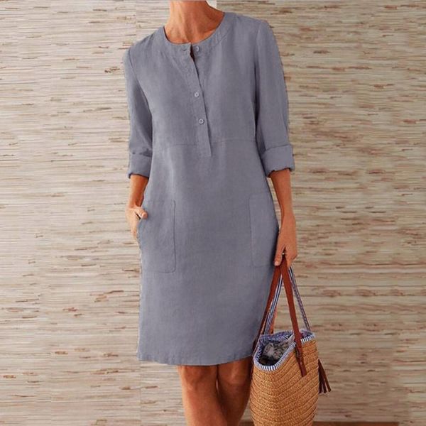 

casual dresses 2021 vintage elegant cotton linen o neck women dress pocket buttons mini loose waist nature fiber vestido, Black;gray