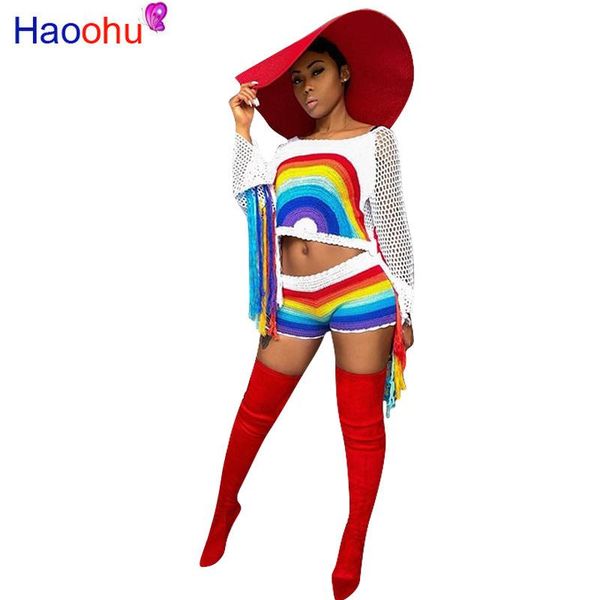 

2 piece matching sets summer clothes for women rainbow striped tassels spliced crop +biker short boho beach suit women's tracksuits, Gray