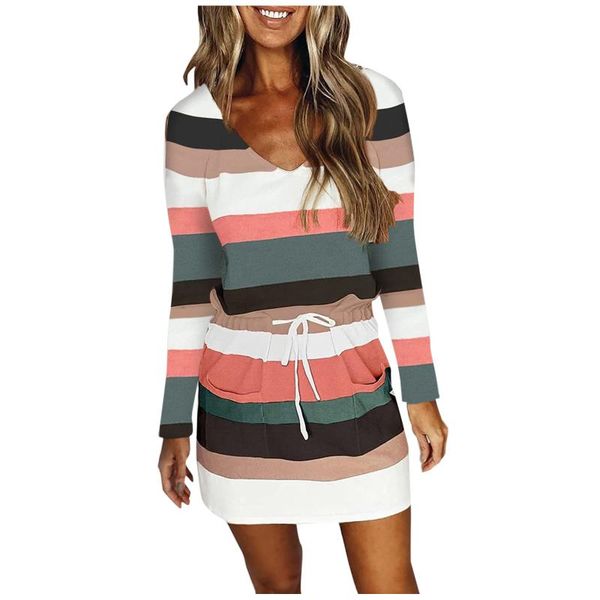 

casual dresses color block stripe patchwork long sleeve for women 2021 loose drawstring dress with pockets vestidos, Black;gray