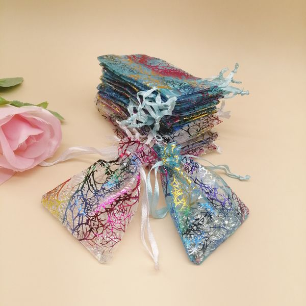 

1000pcs colorful coral striped organza drawstring pouch gift for cloth christhmas wedding jewelry storage packaging bags, Pink;blue