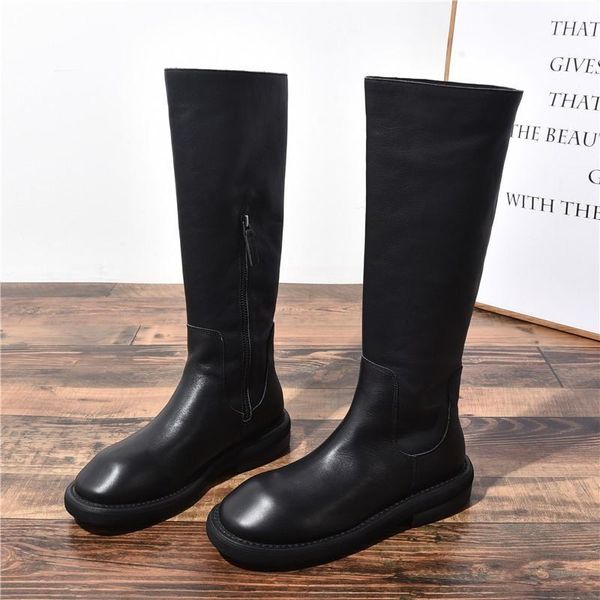 

boots genuine leather side zipper womens low heel high cowhide round toe slip on outdoor wear female casual platform knee, Black