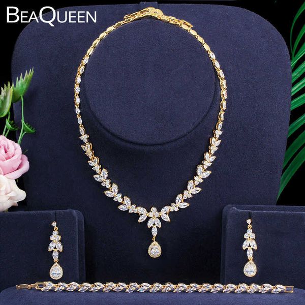 Beaqueen Luxo Dubai Gold Cúbico Zircônia Folha Gota Do Casamento Brincos Colar Pulseira 3 Pcs Vestido Jóias Conjuntos para Noivas JS217 H1022