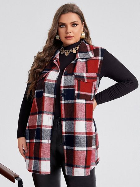 

plus plaid flap pocket sleeveless coat without tee 26qc#, Black
