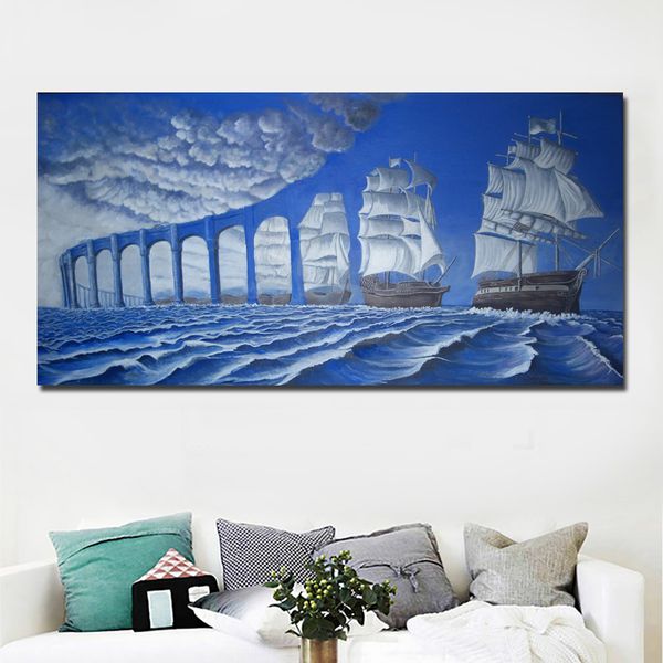 

abstract art modern surrealism paintings blue bridge and sea painting printed on canvas wall art print poster home decor