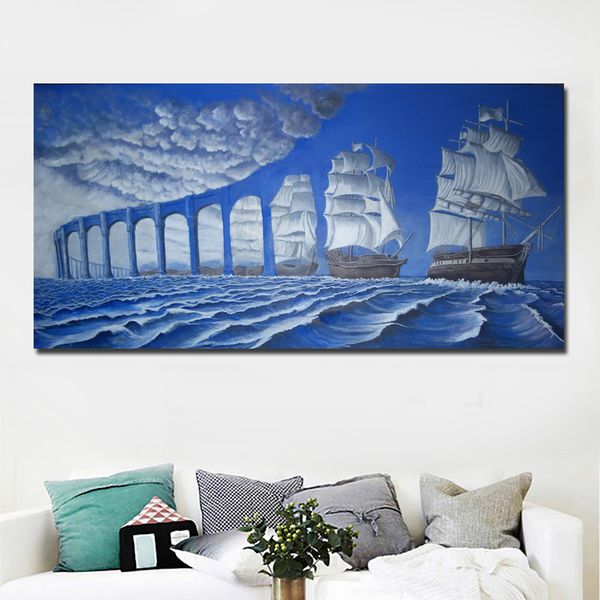 Abstrakte Kunst, moderne Surrealismus-Gemälde, blaue Brücke und Meer, Gemälde, gedruckt auf Leinwand, Wandkunstdruck, Poster, Heimdekoration