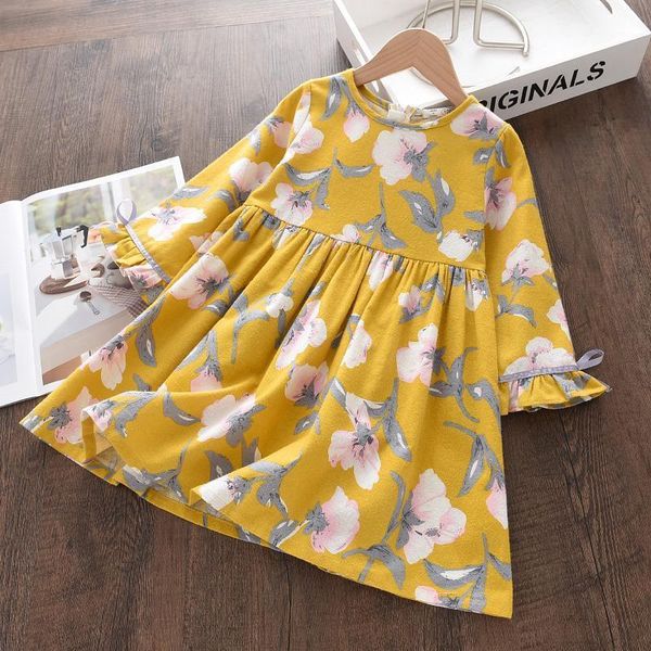 

girl's dresses girls spring autumn casual flowers print princess vestidos for girl long sleeve children preppy style1, Red;yellow