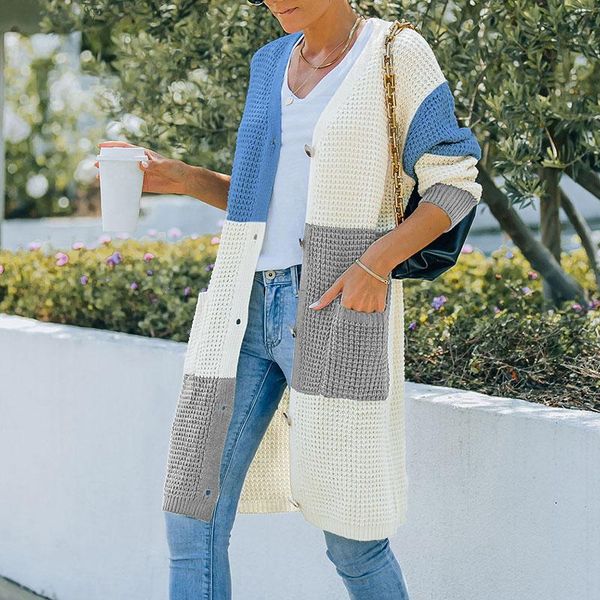 

women's knits & tees women loose style knitted cardigan sweaters variegated color button long sleeve coat outerwear autumn spring femal, White