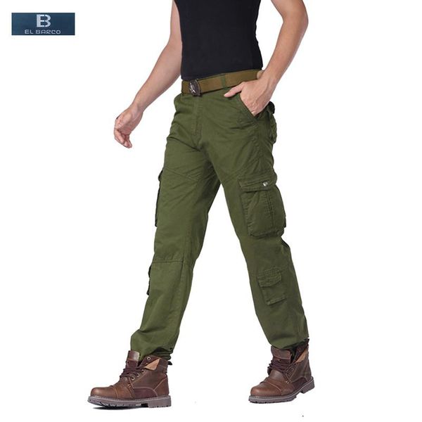 

[el barco] autumn cotton men cargo pants pockets solid black khaki army-green long male casual trousers military joggers clothes men's