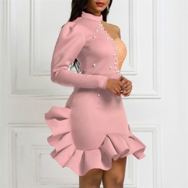 

christmas party dresses ruffles lace patchwork bead one shoulder slope long sleeve women vestido bodycon backless celebrate 210322, Black;gray