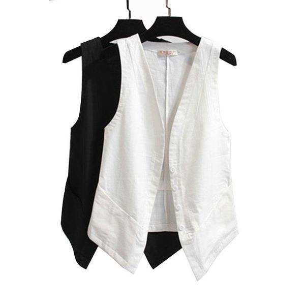 

women's vests linen cotton summer vest women waistcoat 2021 pocket sleeveless jacket thin short casual feminine coat white cardigan 3xl, Black;white