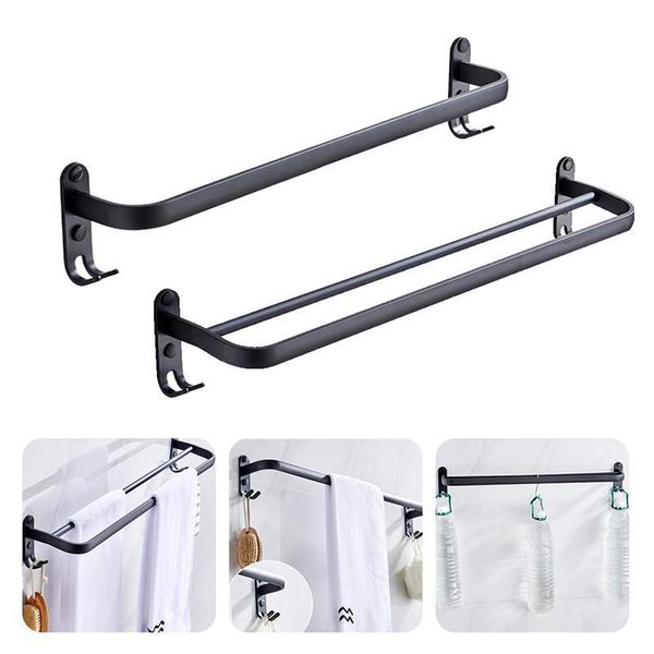 

single double bar towel rack hanging holder organizer self-adhesive wall mounted hanger with hook bath accessory set