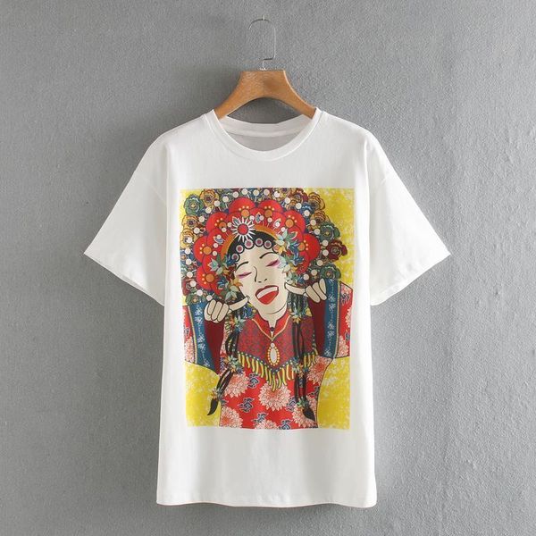 

basic o neck women short sleeve fun print casual leisure knitted chic t611, White