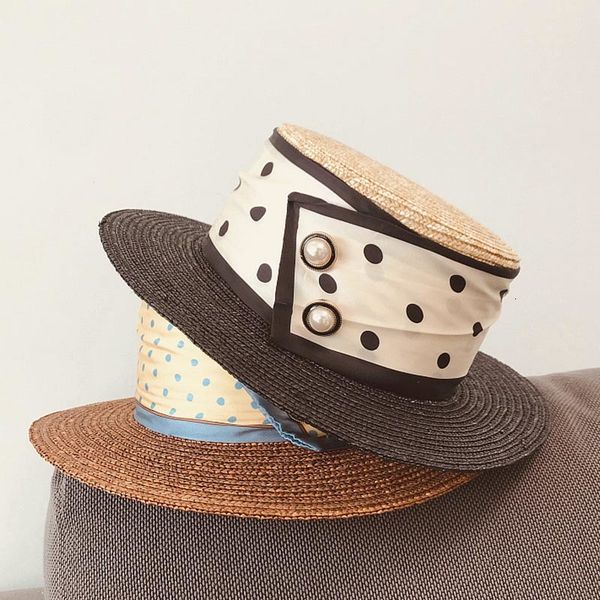

wide brim hats new handmade natural straw patchwork summer beach hat elegant ribbon flat lady derby sun canotier m8iz, Blue;gray
