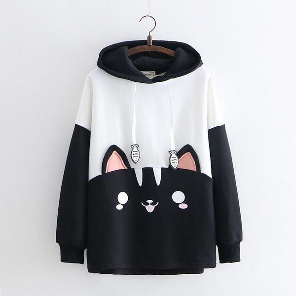 

women's hoodies & sweatshirts female cartoon color matching black and white cat eat fish embroidery easing students hoodie tide