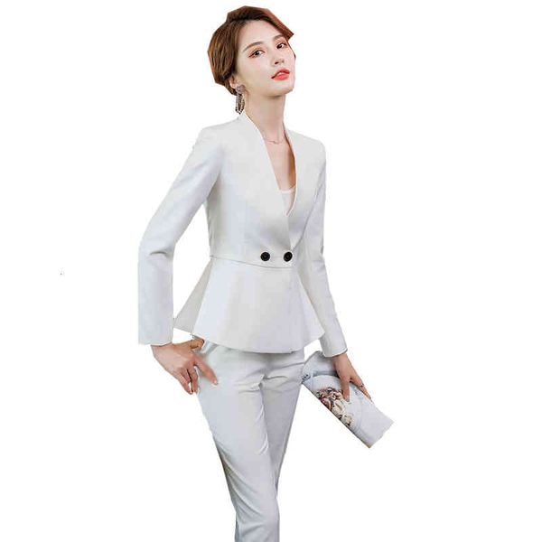 

women's two piece pants latest v-neck ruffle women formal pant suit for office ladies work wear uniform design blazer jacket with trous, White