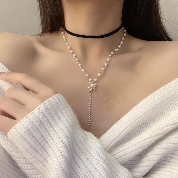 

pendant necklaces double layers sweet velvet necklace black pearls temperament statement, Silver