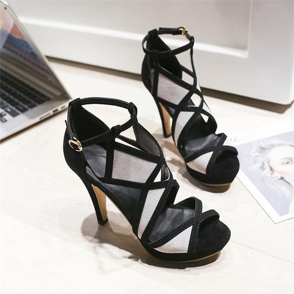 

dress shoes fashion summer platform sandales 2021 female women sandals .5cm heel buckle basic large size zapatillas mujer, Black