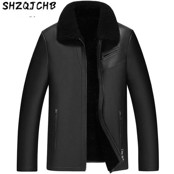 

men's leather & faux shzq winter fur integrated coat short sheep jacket thick, Black