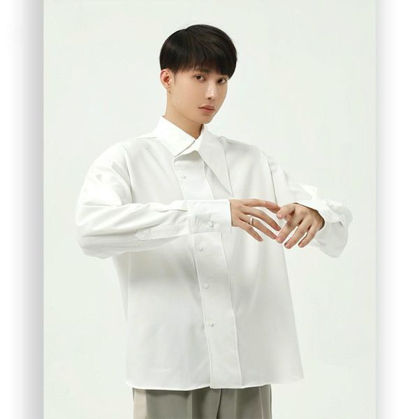 

male japan korea style streetwear hip hop shirt men long sleeve casual asymmetry placket collar loose shirts men's, White;black