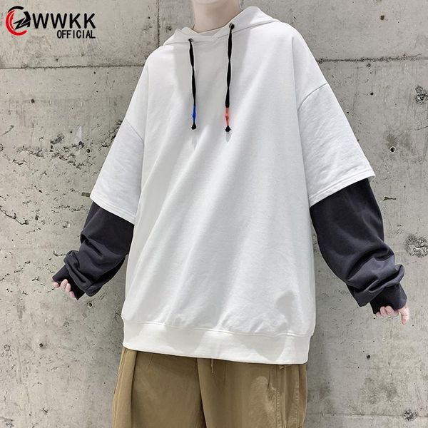 

men fake two piece oversized harajuku solid graphic hoodies 2021 pullover sweatshirts fashions casual clothes men's &, Black