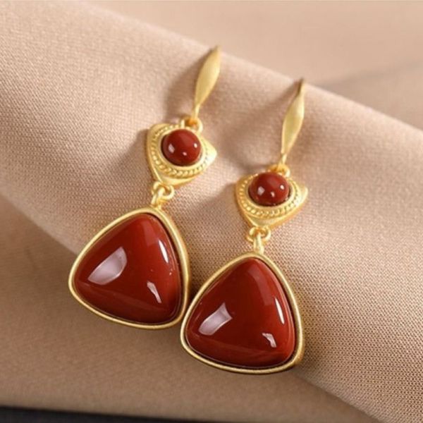

s925 pure silver natural hetian jade white sapphire red agate earrings and, Golden