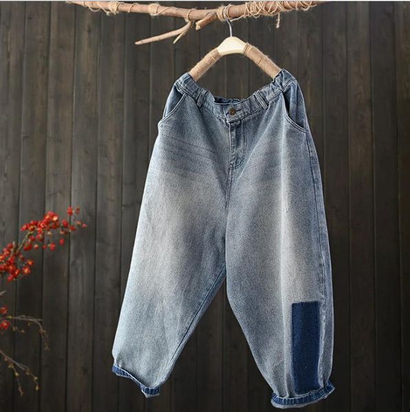 

women spring vintage ripped denim pants jeans ladies elastic waist zipper female loose trousers women's, Blue
