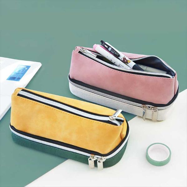 

pencil bags simple double layer large capacity case pu zipper bag creative multifunctional pencilcase