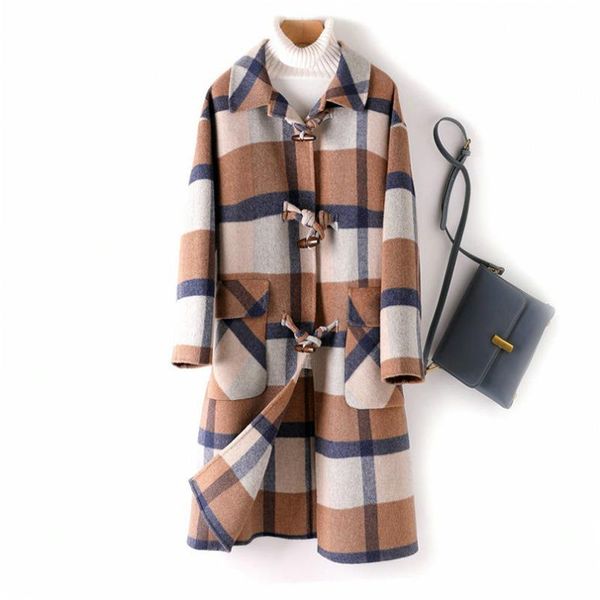 

women's wool & blends retro plaid mid-length double-sided cashmere coat 2021 autumn and winter loose doll collar overcoat female, Black