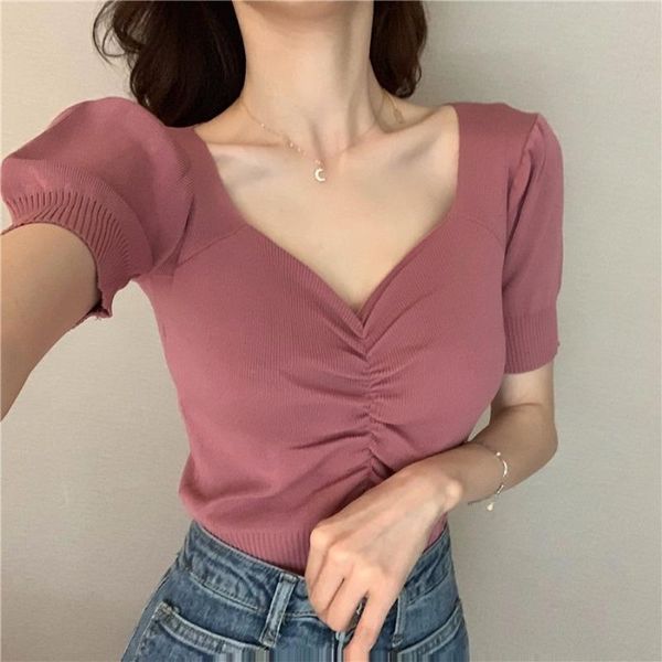 

women's t-shirt summer 2021 all match slim female tee v-neck woman knitted t-shirts fashion puff short sleeve solid knit, White