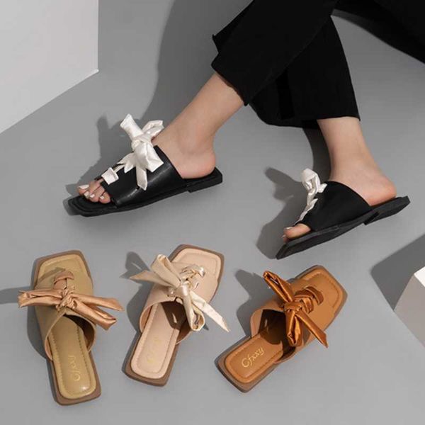 

slippers 2021 fashion style flip-flops for ladies with square toe silk bow flat woman casual delicate outer wear shoes, Black