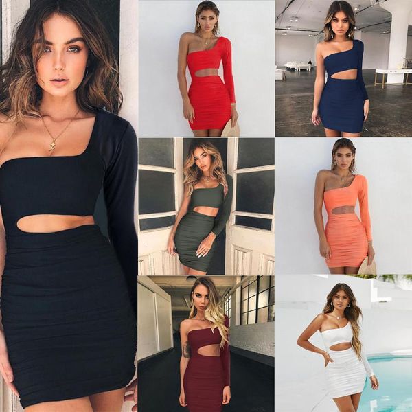 

casual dresses 2021 european and american women's selling hollow one shoulder long sleeve hip pleated dress, Black;gray