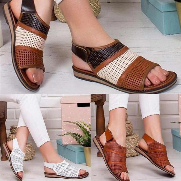 

sandals women flat hollow out ladies hook loop pu vintage shoes peep toe casual rome fashion female 2021 summer, Black