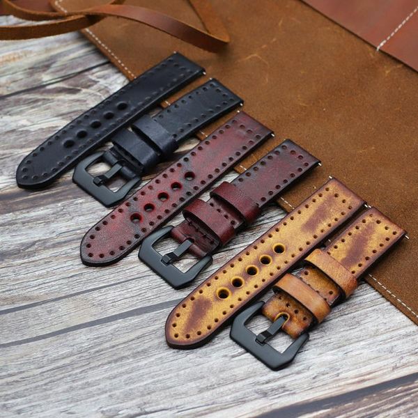 

watch bands vintage leather watchband 20mm 22mm 24mm genuine handmade wrist band strap belt accessories for men, Black;brown