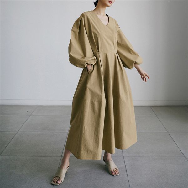 

casual dresses [ewq] vestido midi coreano casual simples, chic com decote em v, bolso manga lanterna, cÃ¡qui solto, verÃ£o feminino 16e373 hy4, Black;gray