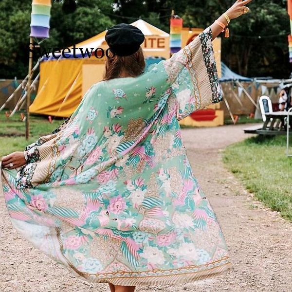 

women's swimwear kimono wrapped coat for women rayon boho green floral print summer beach wear long 2021, White;black