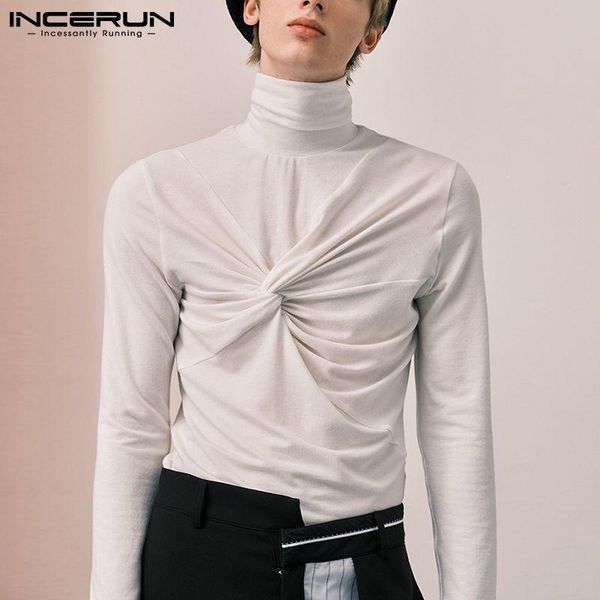 

spring solid color men fitness t-shirts incerun leisure long sleeve turtleneck tee man casual irregular camisetas 5xl men's, White;black