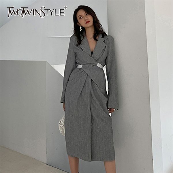 

elegant asymmetrical summer dress women notched collar long sleeve high waist ruched hit color dresses for female 210520, Black;gray