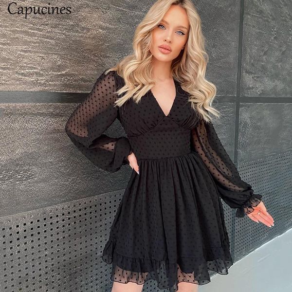 

casual dresses capucines deep v neck swiss dot chiffon dress summer women ruffles trim lantern sleeve a line mini vestidos 2021, Black;gray