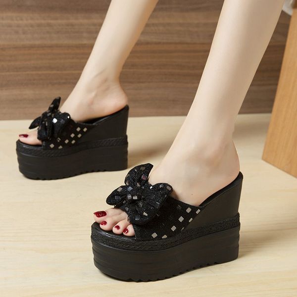 

dress shoes wedges heels platform slippers women for summer sequin bow high sandals outdoor beach 1pk2, Black