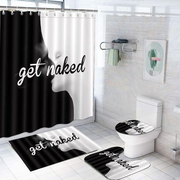 

curtain & drapes black and white pattern printing shower set waterproof bathroom mat non-slip toilet curtains with hooks