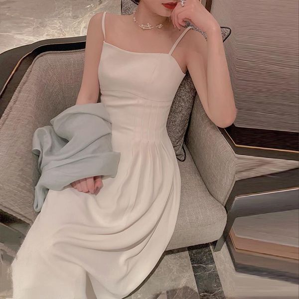 

casual dresses solid elegant dress women sleeveless strap fairy evening party for females korean style office lady 2021 summer chic, Black;gray