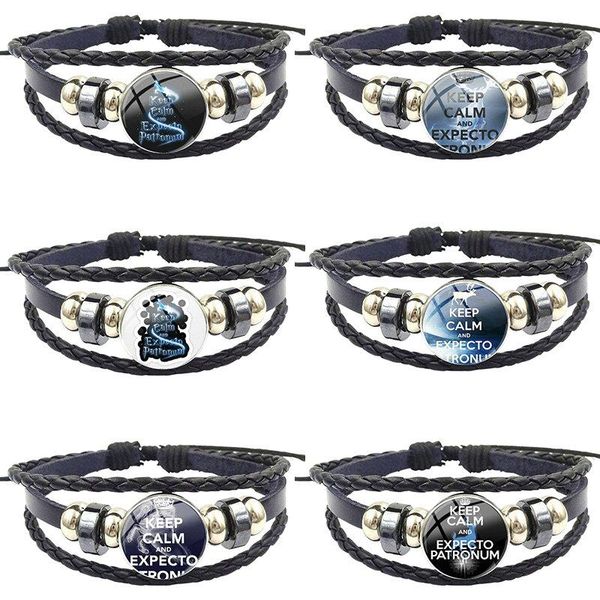

charm bracelets jewelry with glass cabochon black leather bracelet bangle for girls gift keep calm and expecto patronum, Golden;silver