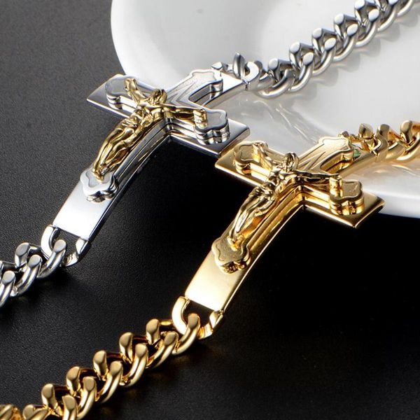 

link, chain cross charm mens bracelet crucifix jesus christ curb cuban link stainless steel gold bracelets for men 20.5cm, Black