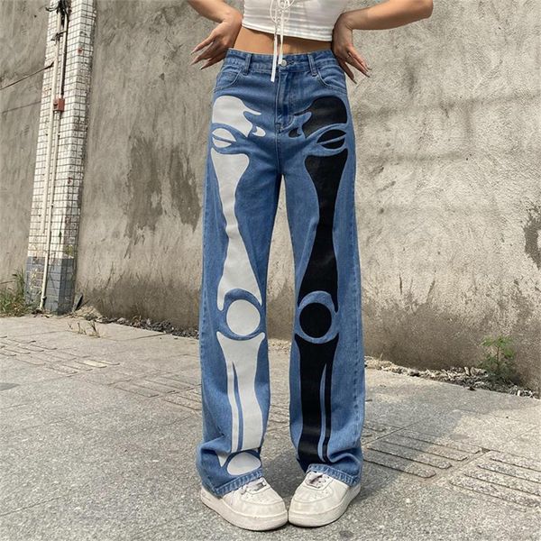 

women's pants & capris punk y2k cyber skull print jeans harajuku high waist black white patchwork trousers streetwear cargo goth grunge