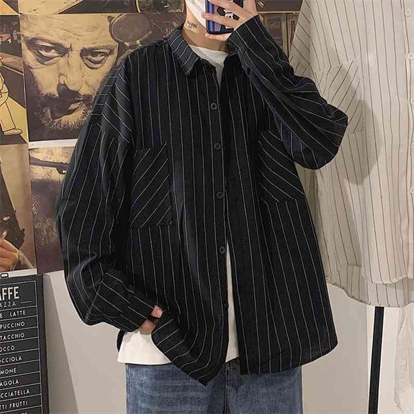 Privathinker Schwarz Weiß Gestreifte Herrenhemden Harajuku Männer Casual Langarmhemd Tops Streetwear Mann Übergroße Bluse 210809