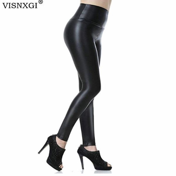 

women's leggings visnxgi high waist faux leather fashion black women stretchy push up plus size skinny pants foot zipper ladies trouser