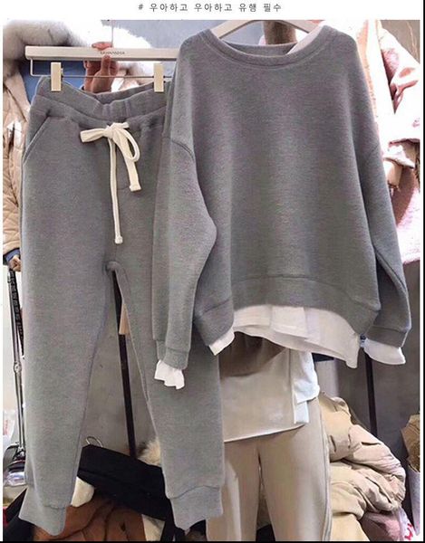 

casual winter cotton 2 piece women tracksuits set long sleeve tracksuit spring autumn loose clothes sweatshirt suit ropa mujer, Gray