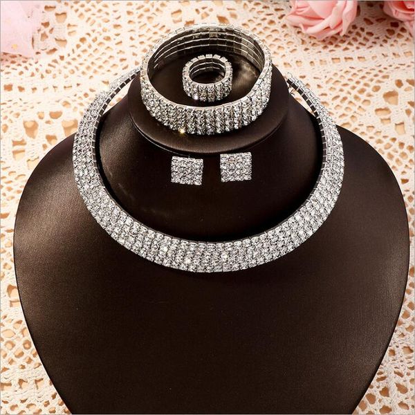 

shiny square rhinestones necklaces ring bracelet earring jewel set gsfs015 fashion women gift four-piece suit wedding jewelry sets, Slivery;golden
