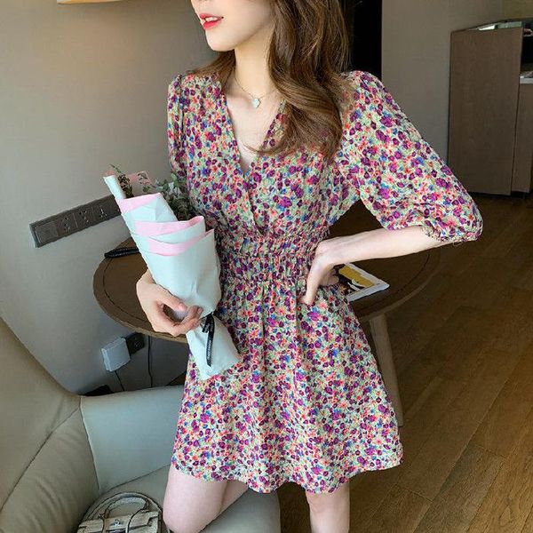 

maternity dresses mid-length floral chiffon dress v-neck female retro slim and high a-line skirt all-matched comfortable m09, White